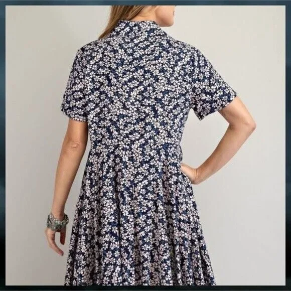 EASEL Lightweight Short Sleeved Collared Button Front Shark Bite Hem Shirt Dress - Picture 5 of 14